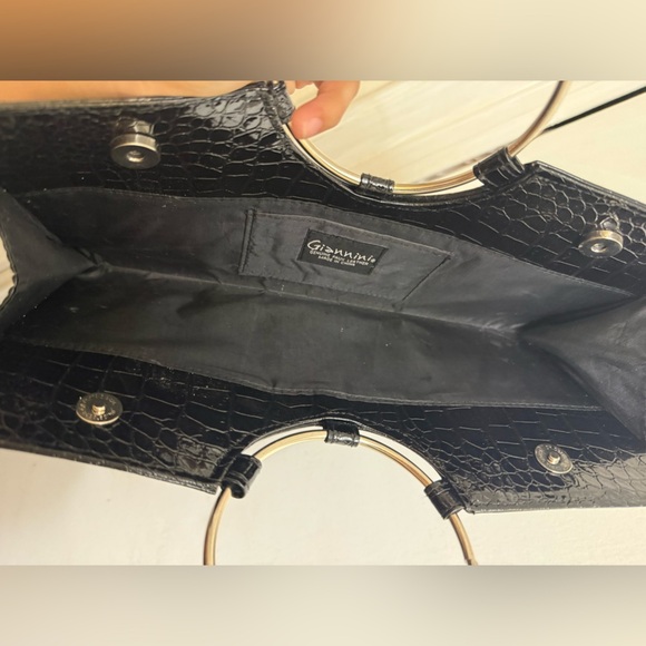 Giannini Black Crocodile-Embossed Clutch‎ with Silver Ring Handle - Picture 2 of 5